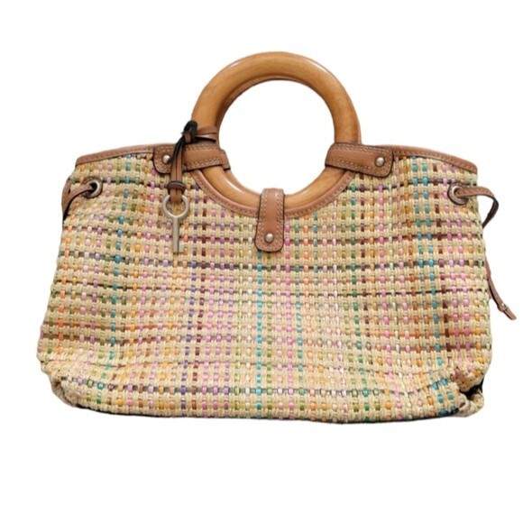 Fossil Woven Straw Purse Round Wooden Handle Rainbow Women's Handbag Hobo - Picture 1 of 10